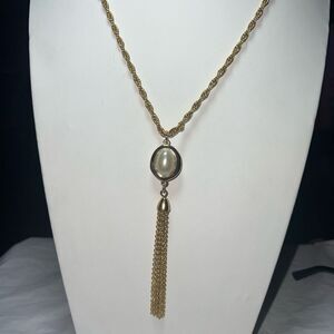 Talbots Gold Tone Rope Chain Faux Pearl Tassel Pendant Necklace